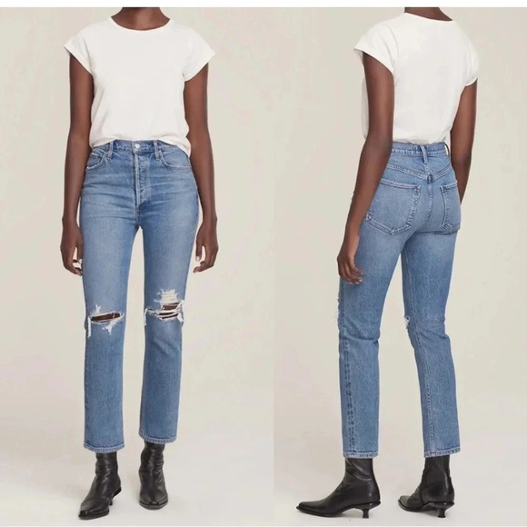 AGOLDE Riley High Rise Straight Leg Jeans in Whiplash Blue Denim Size 26 - Picture 2 of 10
